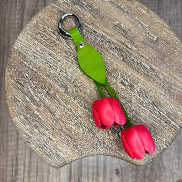 Leather Pretty Pink Tulip Purse Charm Genuine Leather Tulip Flower Bag Charm - Picture 5 of 8